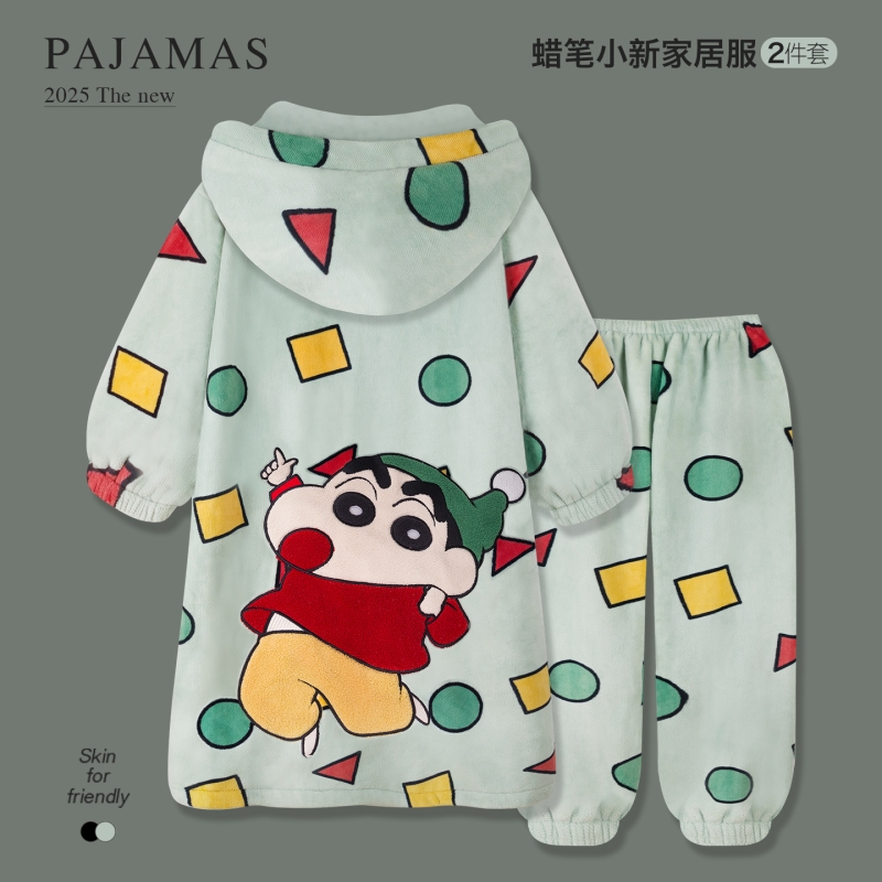 蜡笔小新珊瑚绒睡衣男士秋冬季加厚加绒法兰绒大码睡袍男款家居服