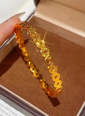 金店同款沙金碎冰铜钱手镯戒指镂空钱币开口指环轻奢送女友礼物