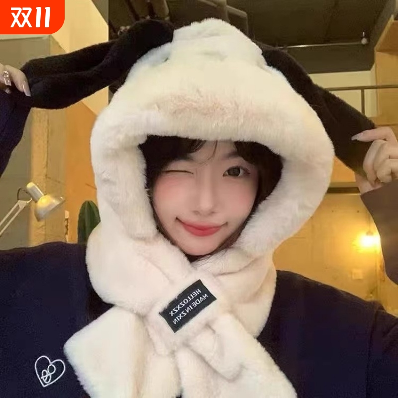 秋冬季帽子围脖一体可爱百搭加绒加厚防风护耳套头帽2025新款红色