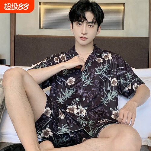 睡衣男夏天短袖螺纹冰丝凉感薄款