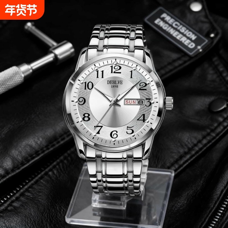 正品瑞士2024新款手表男士全自动机械风防水精钢带双日历男表夜光