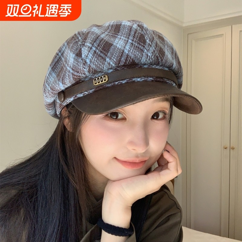 显脸小英伦风格纹毛呢八角帽黑复古反戴贝雷帽女报童帽子红色黑色