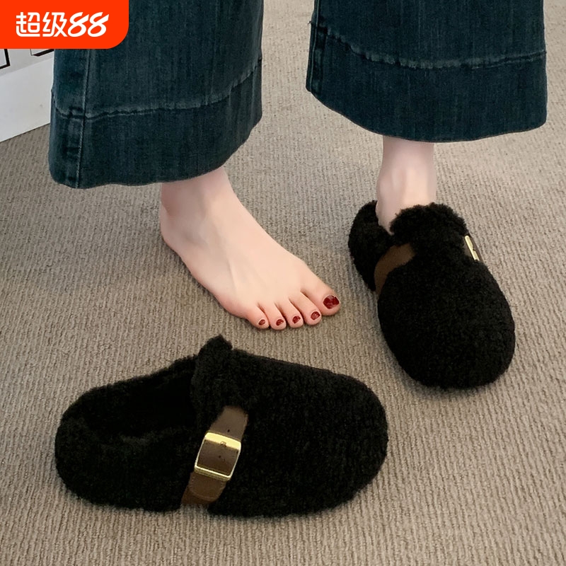 厚底勃肯包头毛毛拖鞋女外穿2025新款秋冬季一脚蹬保暖加绒棉拖鞋
