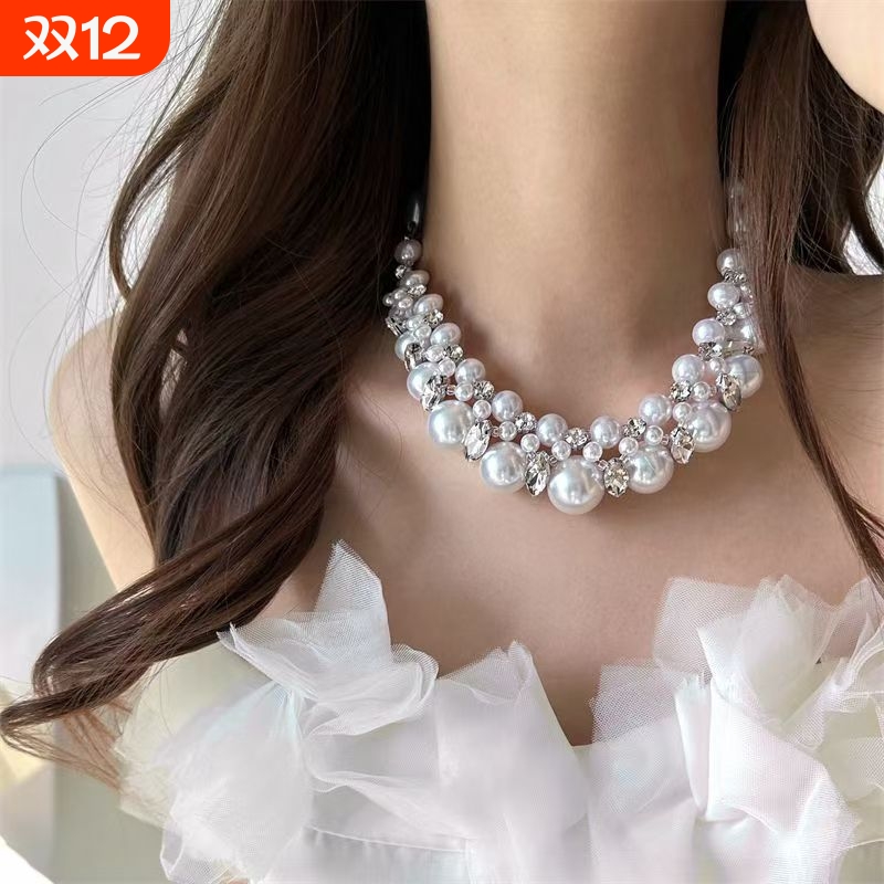 重工轻奢风不规则串珠闪钻choker项链小众时尚大气锁骨毛衣链法式