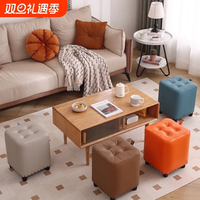 凳子网红皮凳方凳家用圆凳皮墩美式客厅沙发凳懒人换鞋凳矮凳北欧