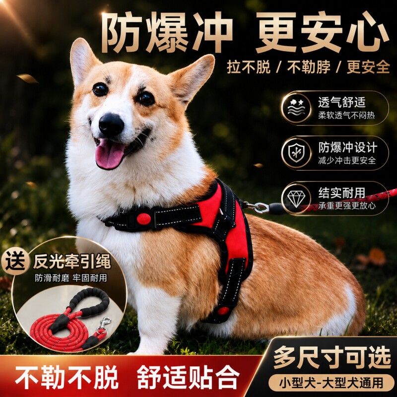 防爆冲狗狗胸背带背心式胸背带中型犬柯基柴犬透气轻便遛狗牵引绳图片