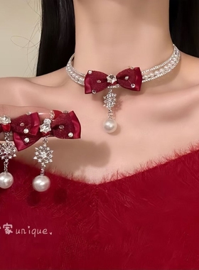 红色蝴蝶结珍珠水钻雪花项链女甜美精致气质锁骨链新年氛围感配饰