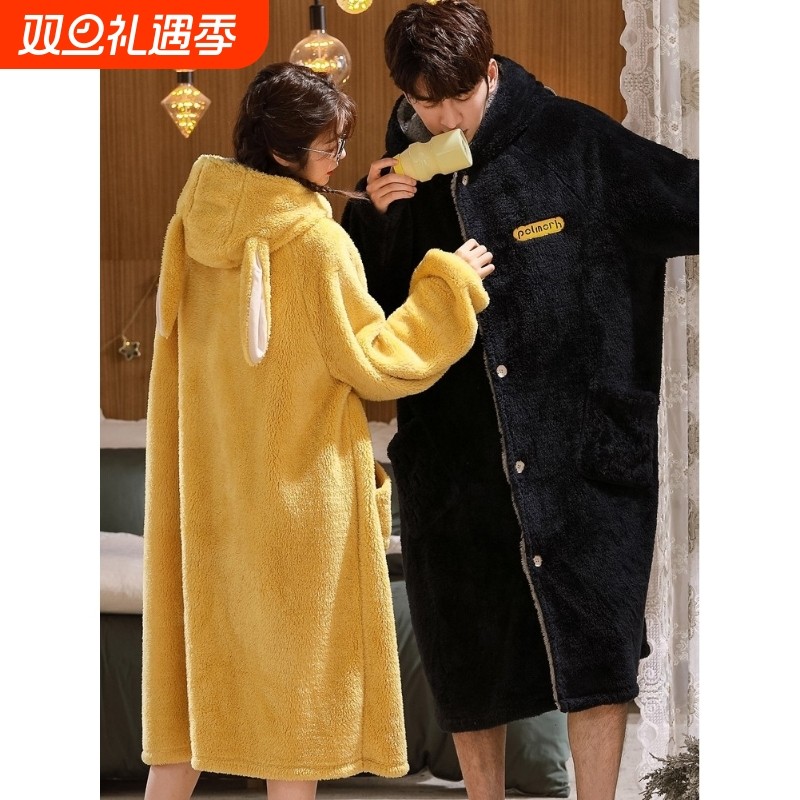 红豆秋冬季珊瑚绒情侣睡衣女睡裙可爱长款睡袍男士法兰绒浴袍加绒