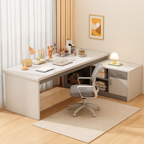 d转角书桌书架一体电脑桌卧室家用女生梳妆台l型拐角学习办公桌子