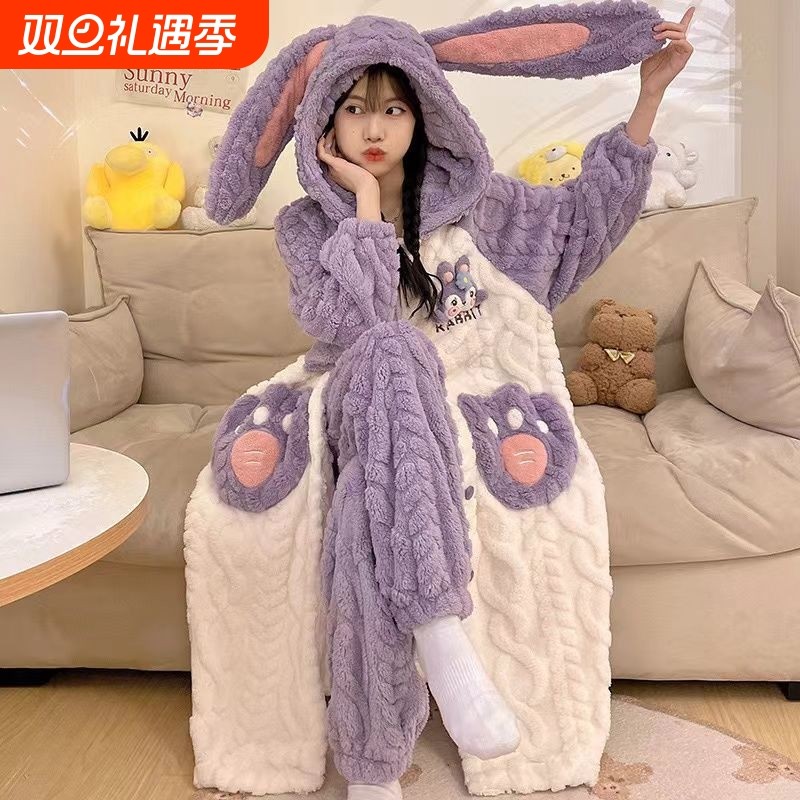 新款珊瑚绒睡衣女秋冬季加厚加绒保暖可爱卡通睡袍法兰绒家居服