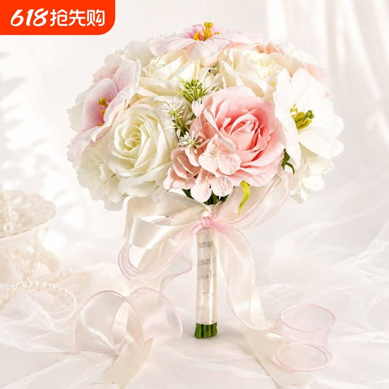 马卡系粉色手捧花仿真花束玫瑰新娘领证结婚影楼婚纱摄影伴娘婚礼