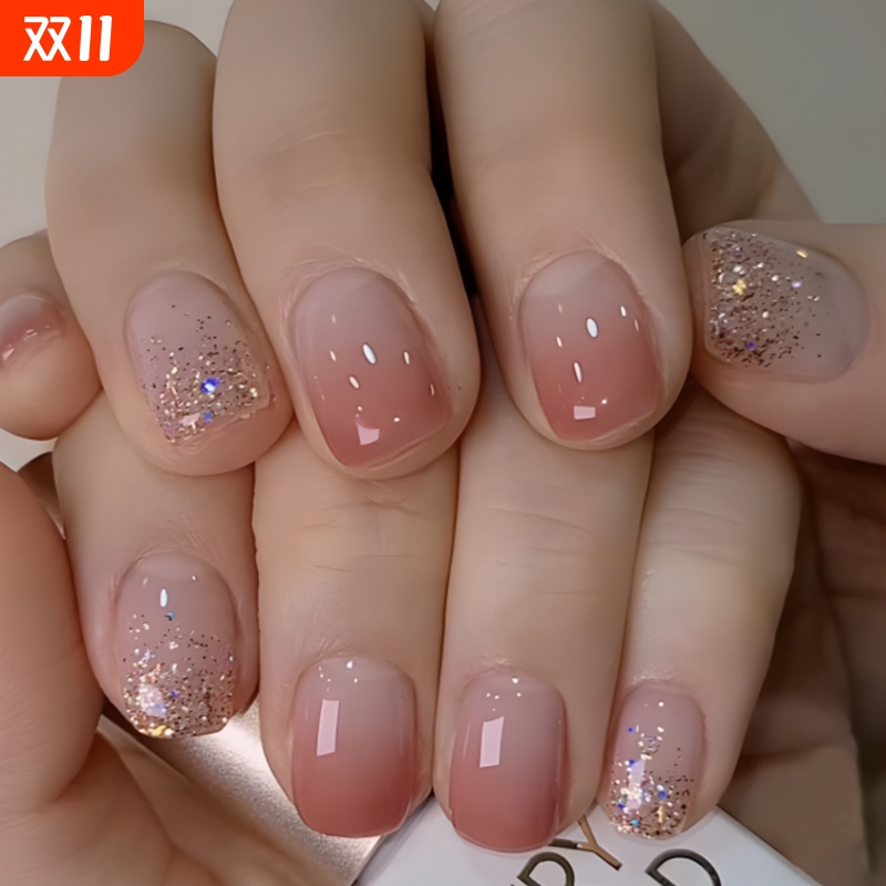 外贸热销短款穿戴甲片 纯欲冰透闪粉假指甲贴片 press on nails