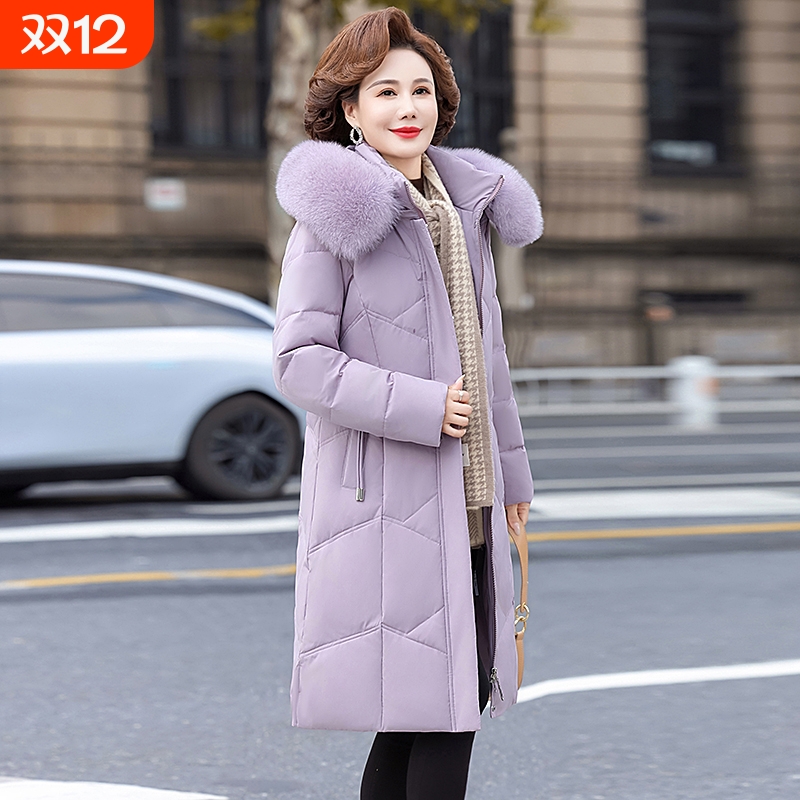 妈妈羽绒服中长款大码2025冬季新款中老年人女装冬季加厚毛领外套