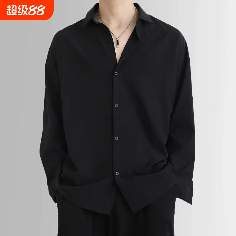 免烫长袖衬衫男士黑色休闲宽松白色衬衣男高级感外套开衫纽扣时尚图片