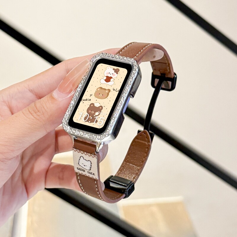 卡通布标适用华为手环10表带折叠磁吸扣9平纹皮质腕带NFC8荣耀