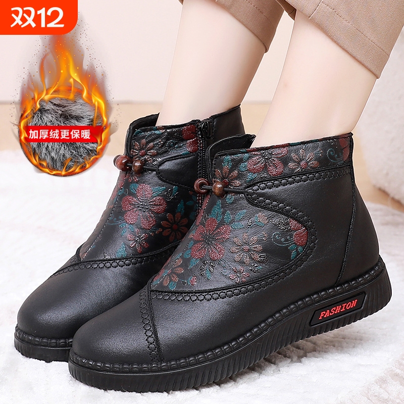 啄木鸟冬季老北京布鞋女棉鞋加绒加厚防滑中老年休闲棉靴平底保暖