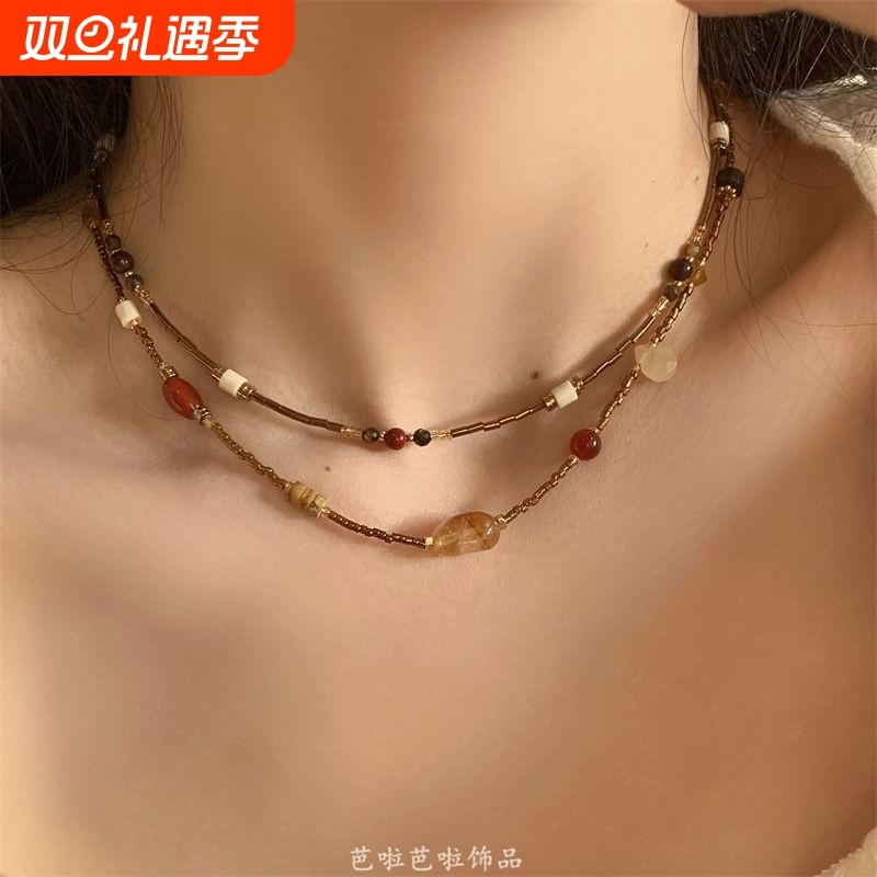节日狂想 美拉德复古vintage天然石拼接串珠项链小众设计感锁