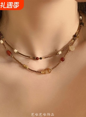 节日狂想 美拉德复古vintage天然石拼接串珠项链小众设计感锁骨链
