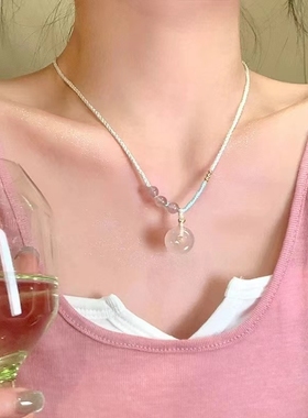 新中式草莓晶梦幻彩绳玛瑙平安扣编绳项链女款高级锁骨链颈链吊坠
