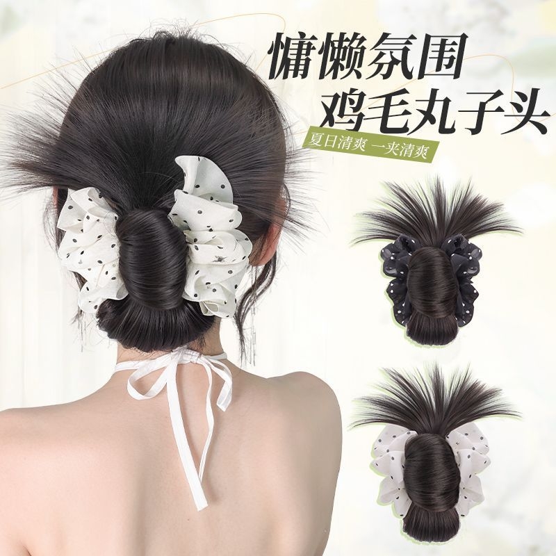 丸子头假发女波点抓夹慵懒氛围感蓬松低扎盘发发包后脑勺假发发圈