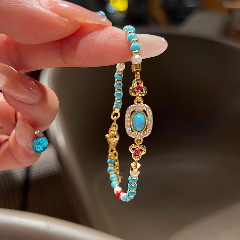 新中式民族风镶钻绿松弹力串珠手链小众设计感气质个性时尚手饰品