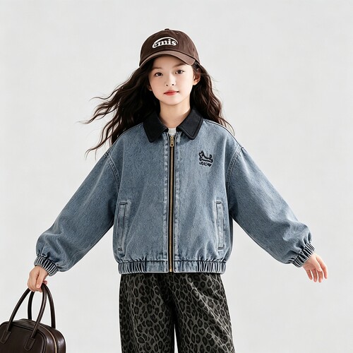 女童春秋款复古工装风牛仔外套