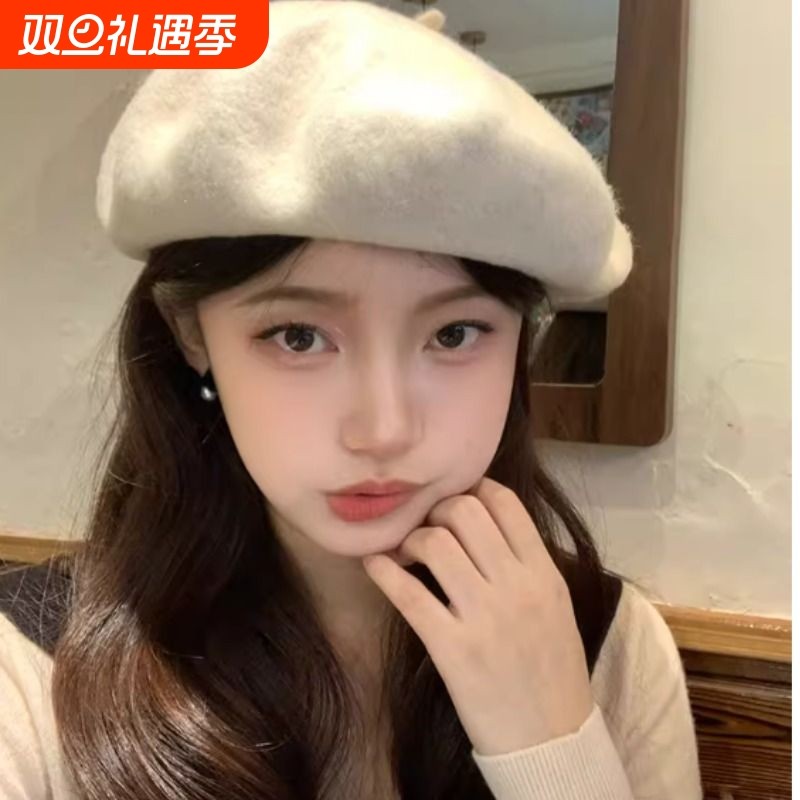 羊毛帽子女士春季款可调节贝雷帽画家帽毛呢蓓蕾帽保暖南瓜帽