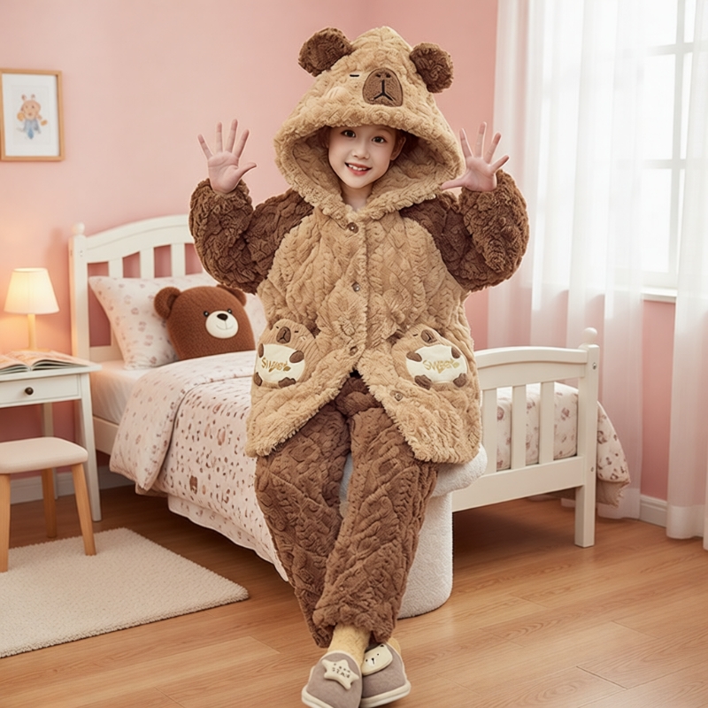 女童冬季三层夹棉珊瑚绒保暖睡衣