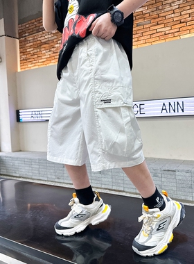 男童裤子夏季工装裤短裤白色2025新款夏装中大儿童男孩薄款七分裤