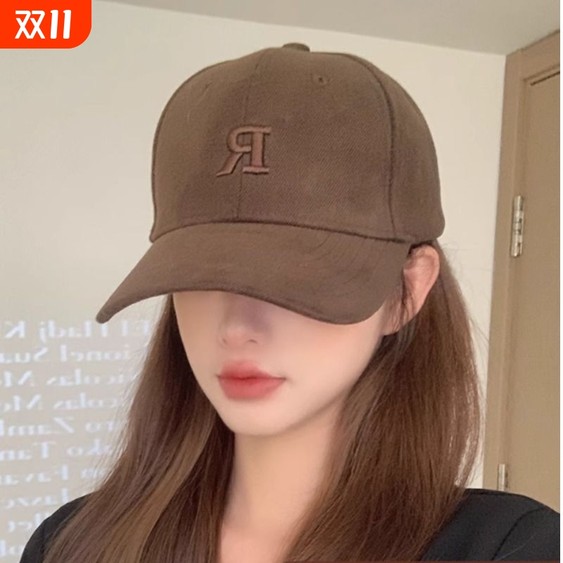 新款棒球帽女r字母磨毛春秋鸭舌帽子硬顶大头围美式韩版男款圆脸