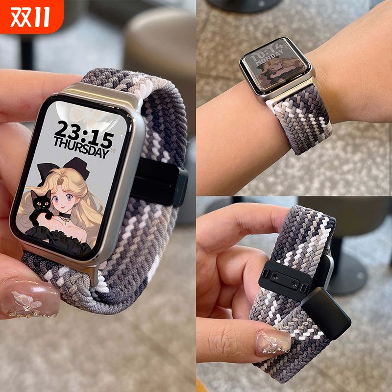 适用小米9pro手表表带手环8pro腕带运动红米watch4智能男透气高级感女新款磁吸尼龙编织替换通用配件星光彩虹