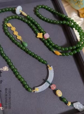 国风新中式复古流苏翡翠弯片貔貅平安扣盐源玛瑙斜挎链叠加项链女