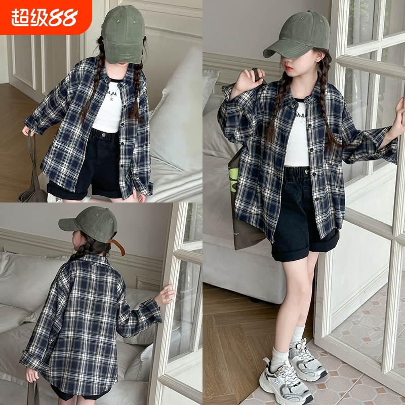 女童格子衬衫长袖2025秋季新款中大童洋气时髦薄款衬衣外套上衣潮