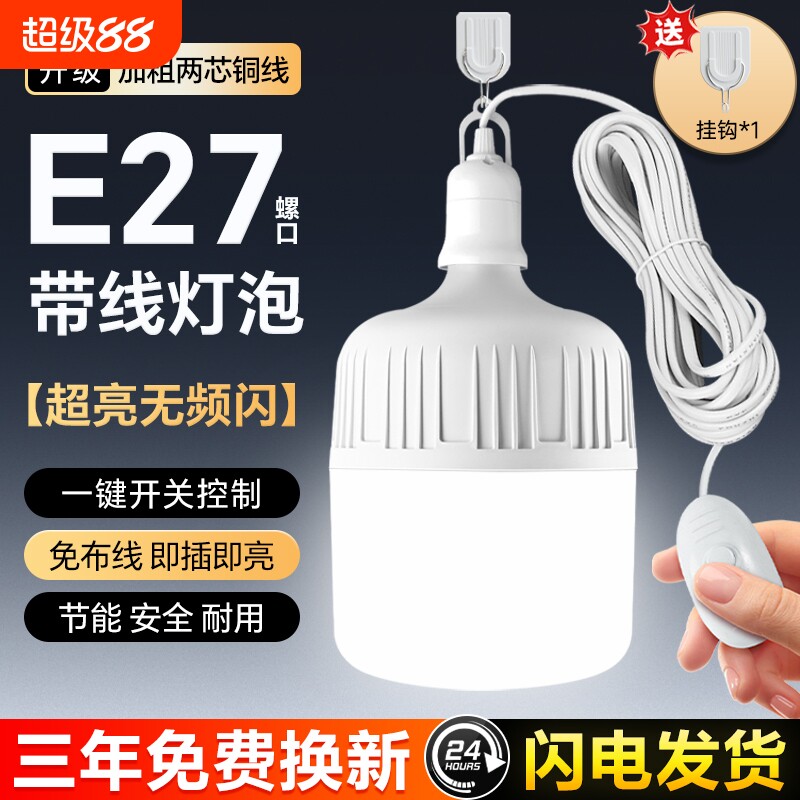 LED灯泡家用节能照明灯插电式灯座带插头开关线悬挂式E27螺口灯