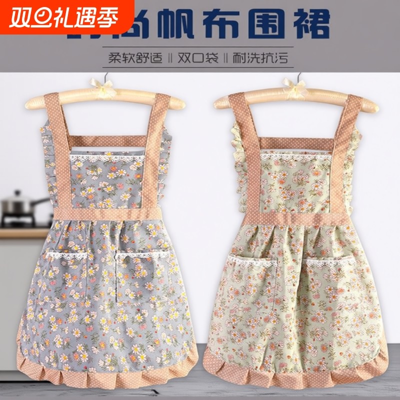 厨房韩版公主围裙可擦手防污背带帆布耐磨围兜罩衣做饭透气工作服