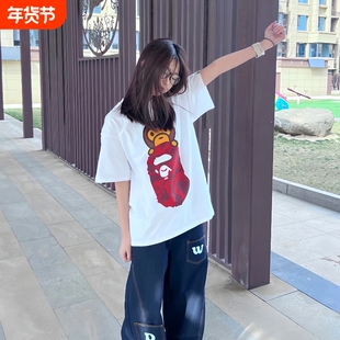 100%纯棉高版本中大童装亲子装潮牌APE短袖t恤SHARK BAPE猿人迷彩