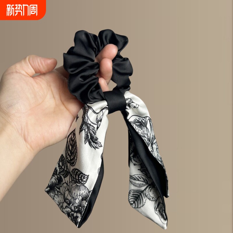 香港新中式蝴蝶结大肠发圈头饰2026新款古风旗袍水墨印花飘带发绳