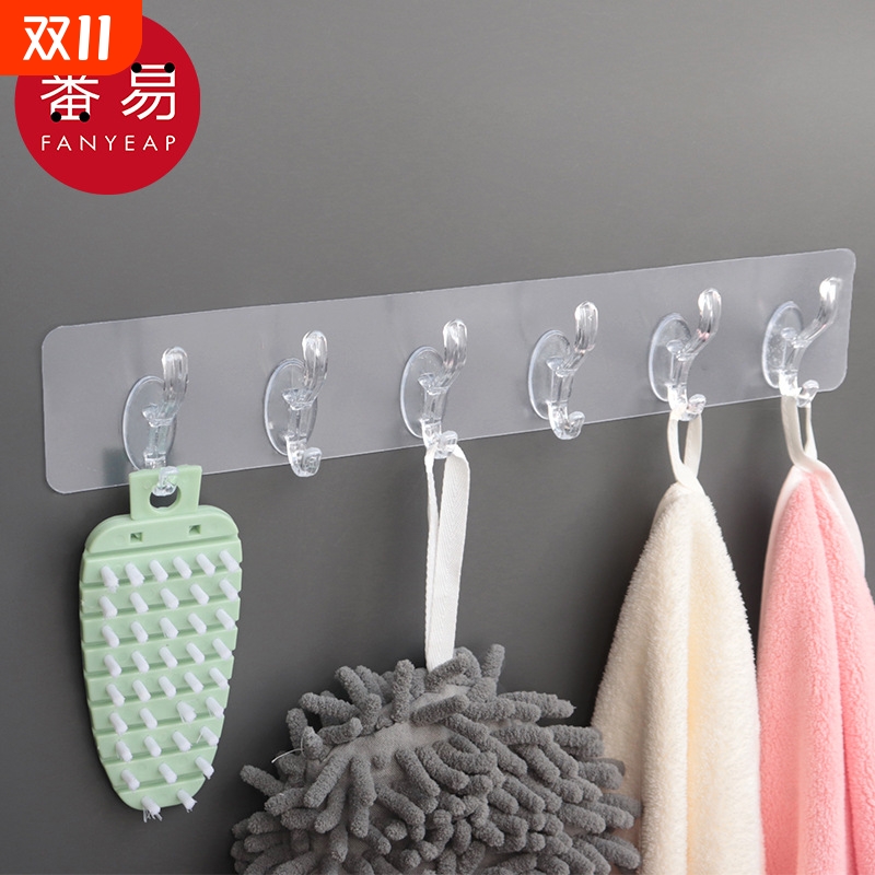 粘钩/联排A1PQ0-连排挂钩透明六联粘胶免打孔门后用家用墙面背胶
