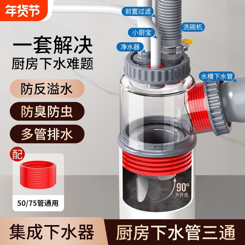 厨房下水管三头通集成下水器分流洗菜盆排水管道防返臭神器二合一,家装主材,水槽下水器,淘宝优惠券,粉丝福利购,淘宝优惠卷