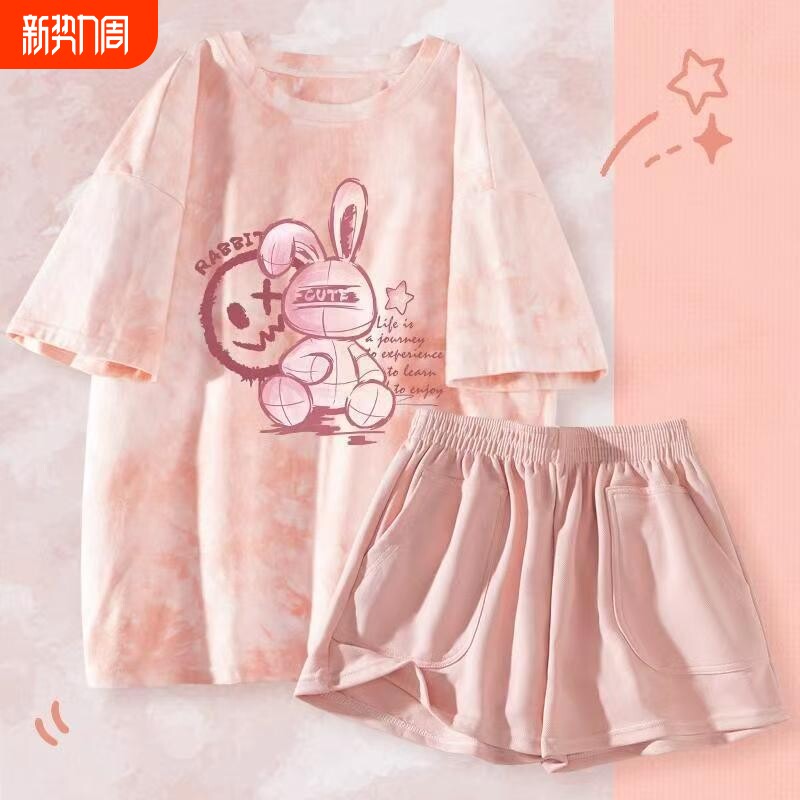 扎染短裤套装夏季短袖女夏休闲睡衣宽松带胸垫夏日穿搭防凸点薄款