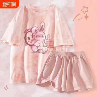 女夏休闲睡衣宽松带胸垫夏日穿搭防凸点薄款 扎染短裤 短袖 夏季 套装