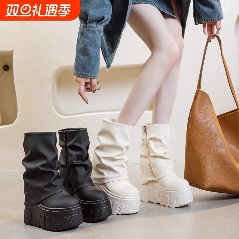 蔻孜裤管靴女式皮靴2025冬季新款短靴女超高跟白色中筒毛绒黑色