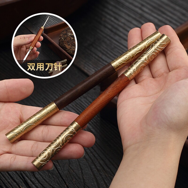 实木双头茶刀纯手工黄铜茶针茶锥不锈钢普洱茶饼开茶刀茶具配件