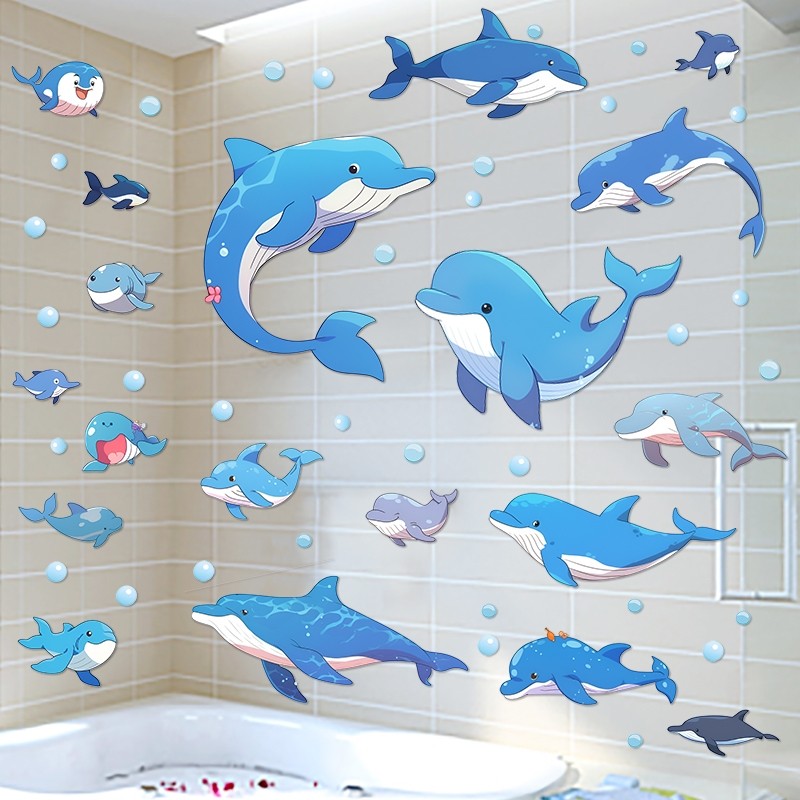浴室卫生间厕所防水玻璃贴纸自粘卡通海豚小图案贴画遮丑墙贴装饰