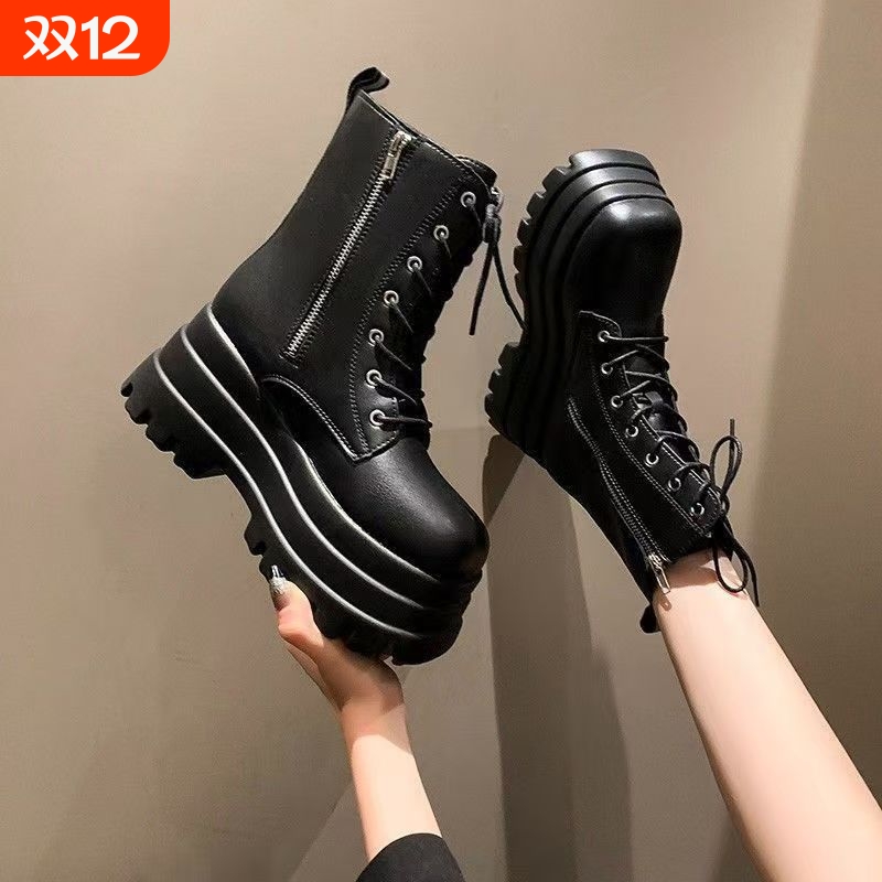 cos增高鞋8cm松糕鞋增高显高显廋厚底铆钉加绒短靴女中筒马丁靴女