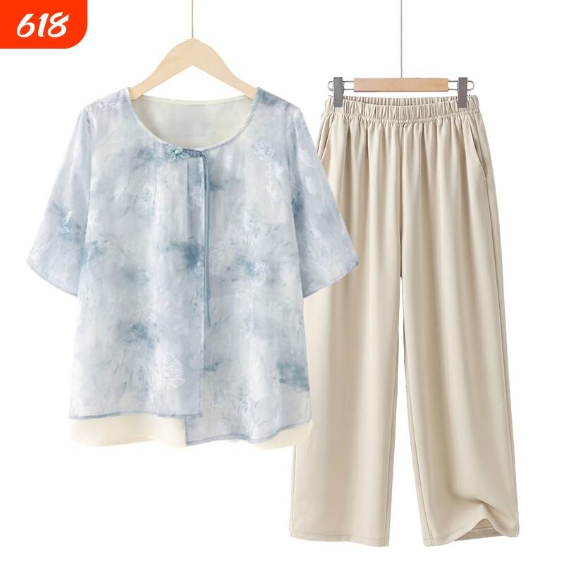 时尚妈妈夏装短袖小衫套装中老年人洋气女装新中式T恤休闲上衣服