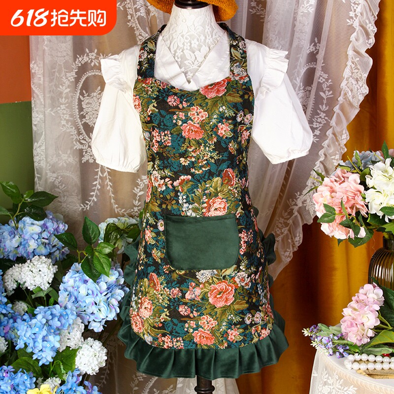复古风花卉围裙原创布艺氛围感围裙防脏隔油家居围腰奶茶店工作服