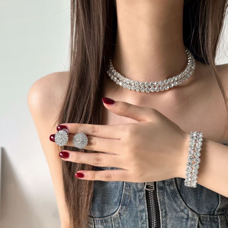 超闪韩系ins风双排满锆choker个性项链套装耳钉套装女新娘配