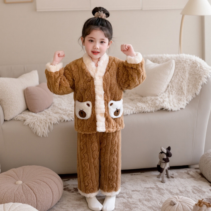 2025儿童睡衣冬季加绒珊瑚绒卡通套装女宝宝保暖开衫家居服HDD308