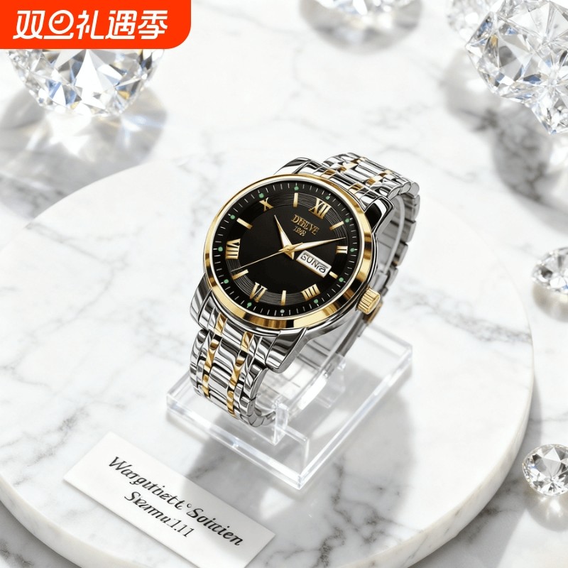 正品瑞士2024新款手表男士全自动机械风防水精钢带双日历男表夜光